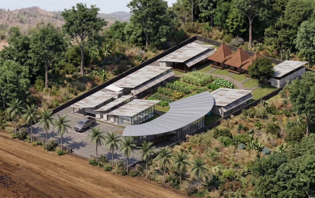 Visualisation architecturale aérienne du projet du centre médical, social et logistique Rumah Kambera à Kawangu, dans l’Est de Sumbawa.